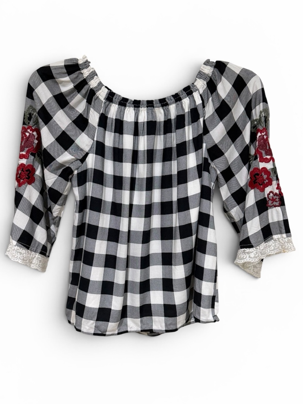 Abercrombie Kids Black White Checkered Top with Red Floral Embroidery Girls 9/10